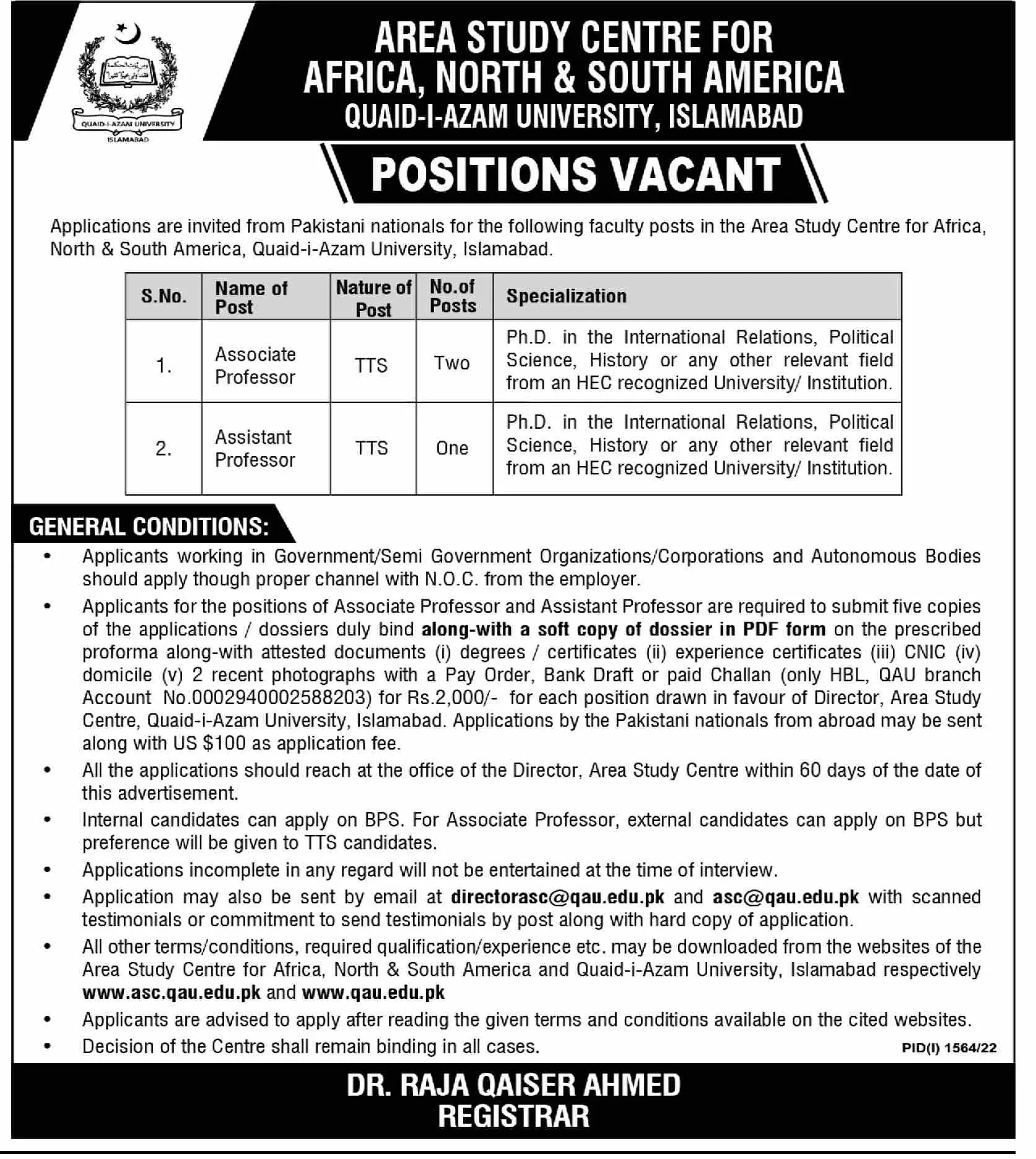 Quaid-i-Azam University Islamabad Jobs 2022 Jobs 2022 — original advertisement