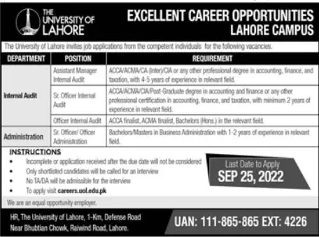 University of Lahore Jobs 2022 Jobs 2022 — original advertisement