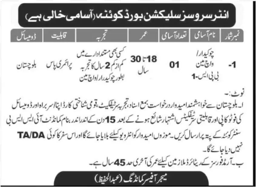 Inter Services Selection Board ISSB Quetta Jobs – Pakistan Army Jobs 2022 — original advertisement