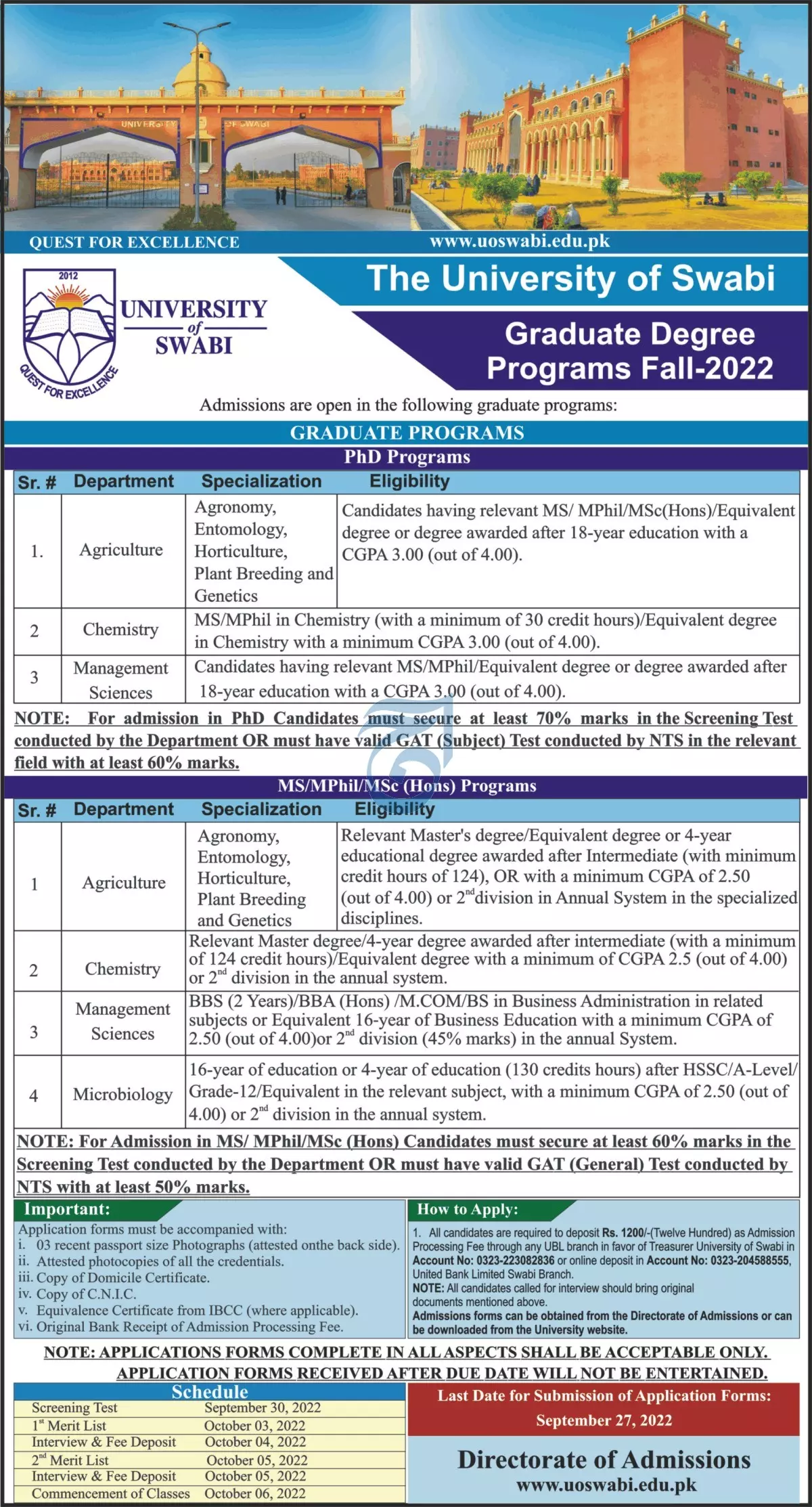 Admission in University of Swabi Khyber Pakhtunkhwa Admissions 2022 — original advertisement
