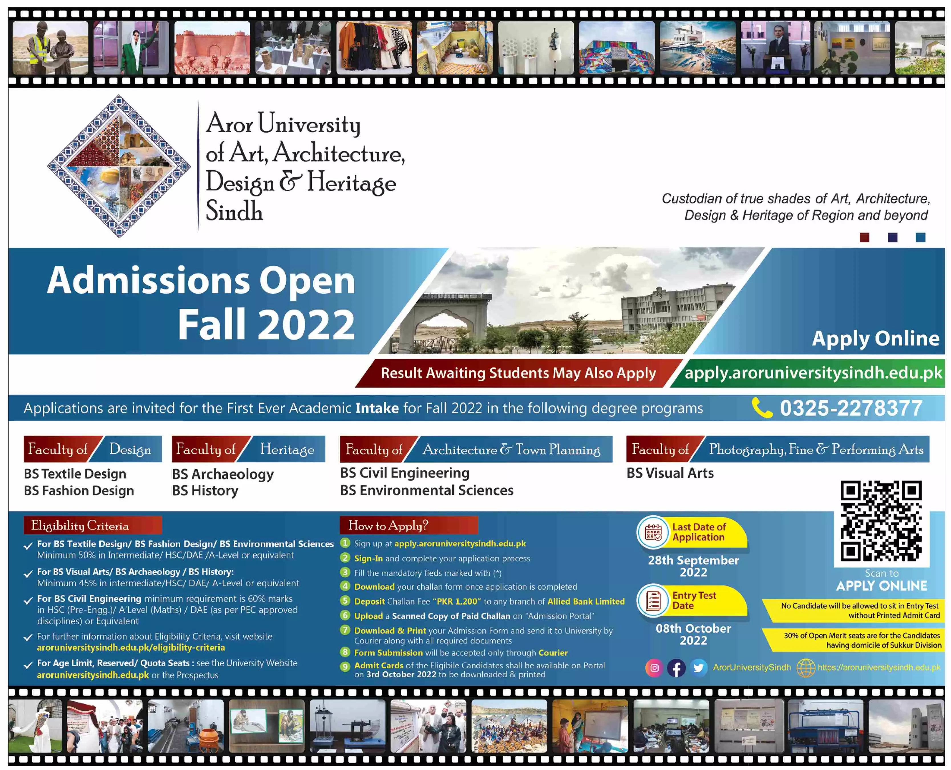 Admission in Aror University of Art, Architecture, Design – Aror university of Art Architecture Design & Heritages Sukkur Admissions 2022 — original advertisement