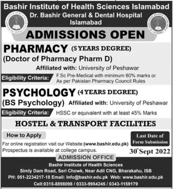 Admission in Bashir Institute of Health Sciences Islamabad Admissions 2022 — original advertisement