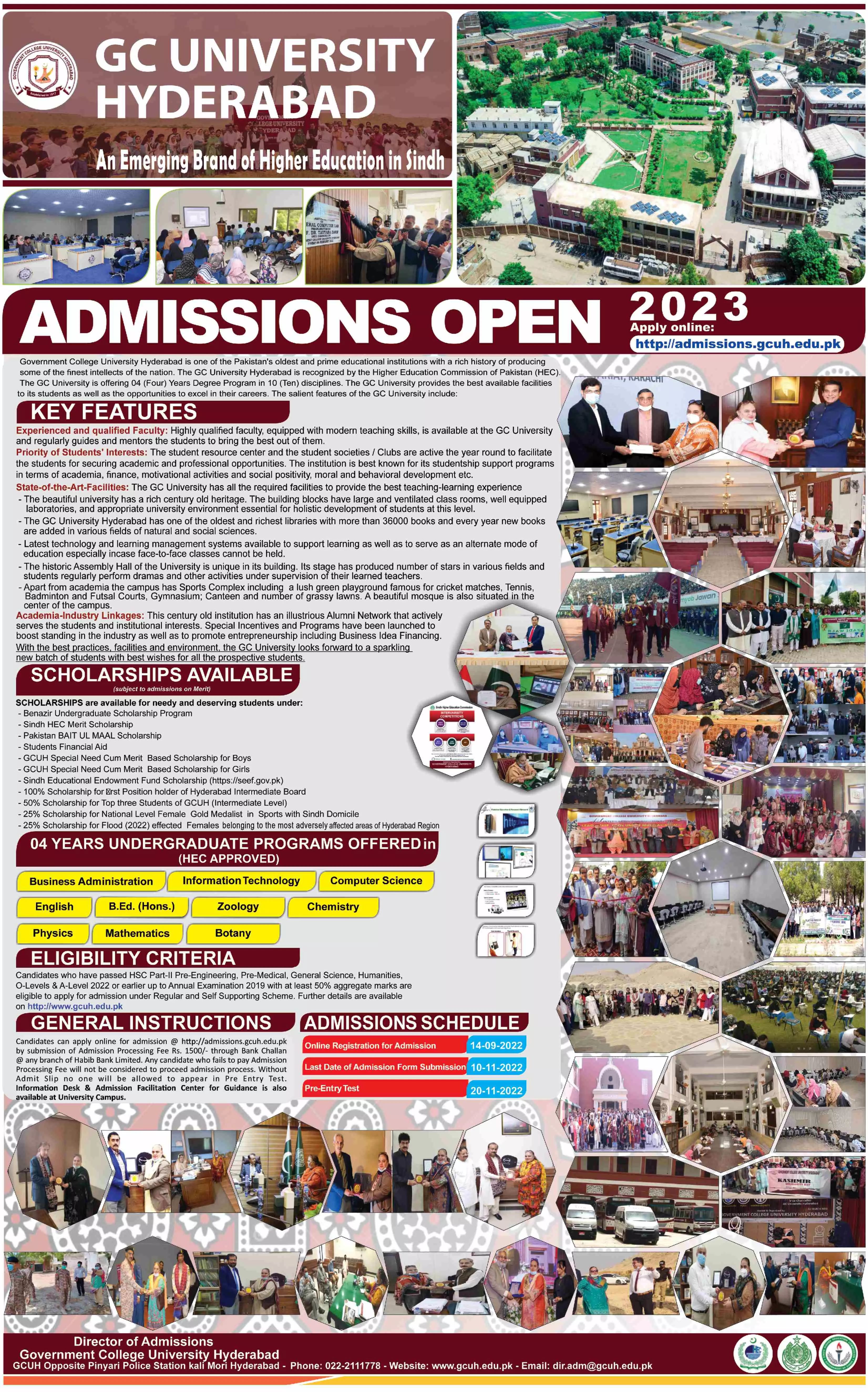 Admission in GC University Hyderabad Sindh 2022 Admissions 2022 — original advertisement