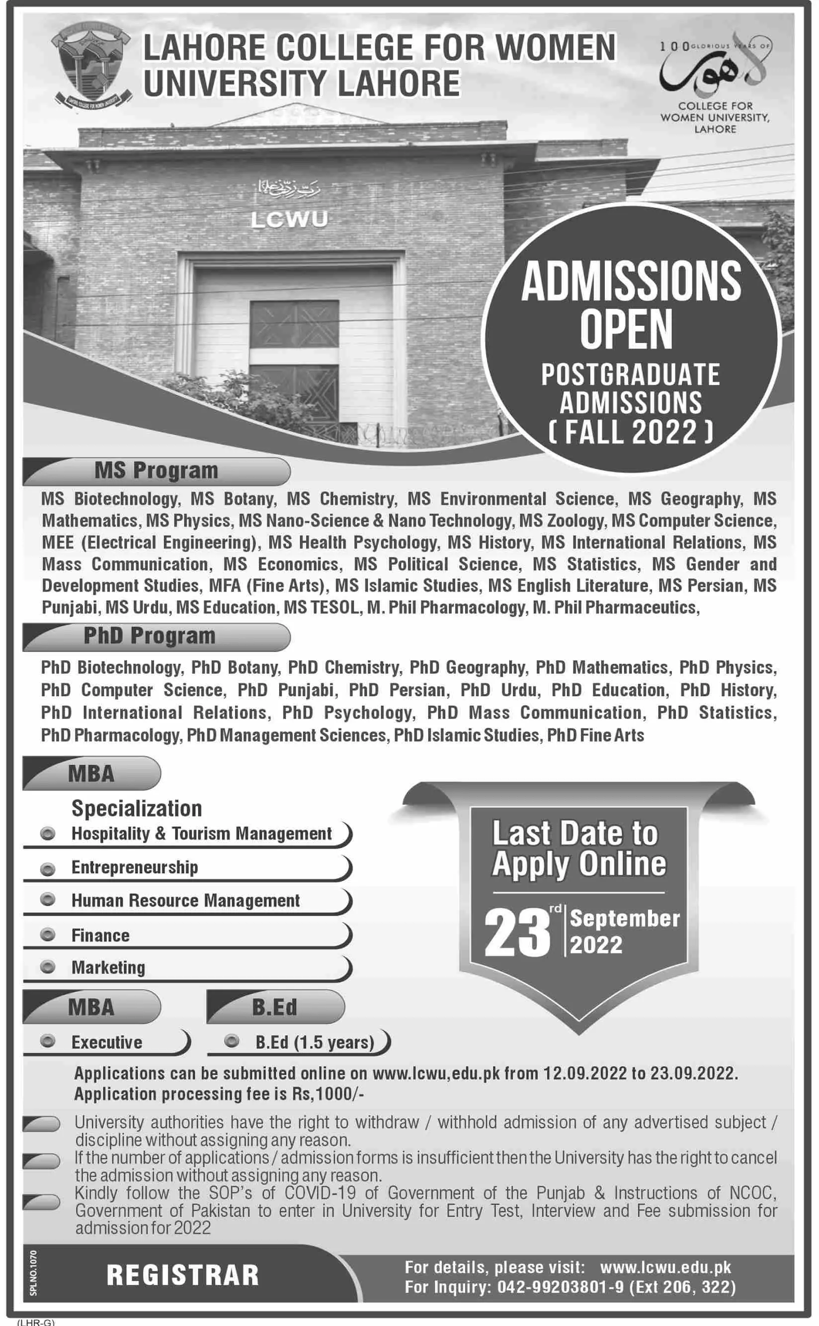 Admission in Lahore College for Women University Lahore Admissions 2022 — original advertisement