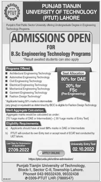 Admission in Punjab Tianjin University of Technology ( PTUT) – Punjab Tianjin University of Technology Lahore Admissions 2022 — original advertisement