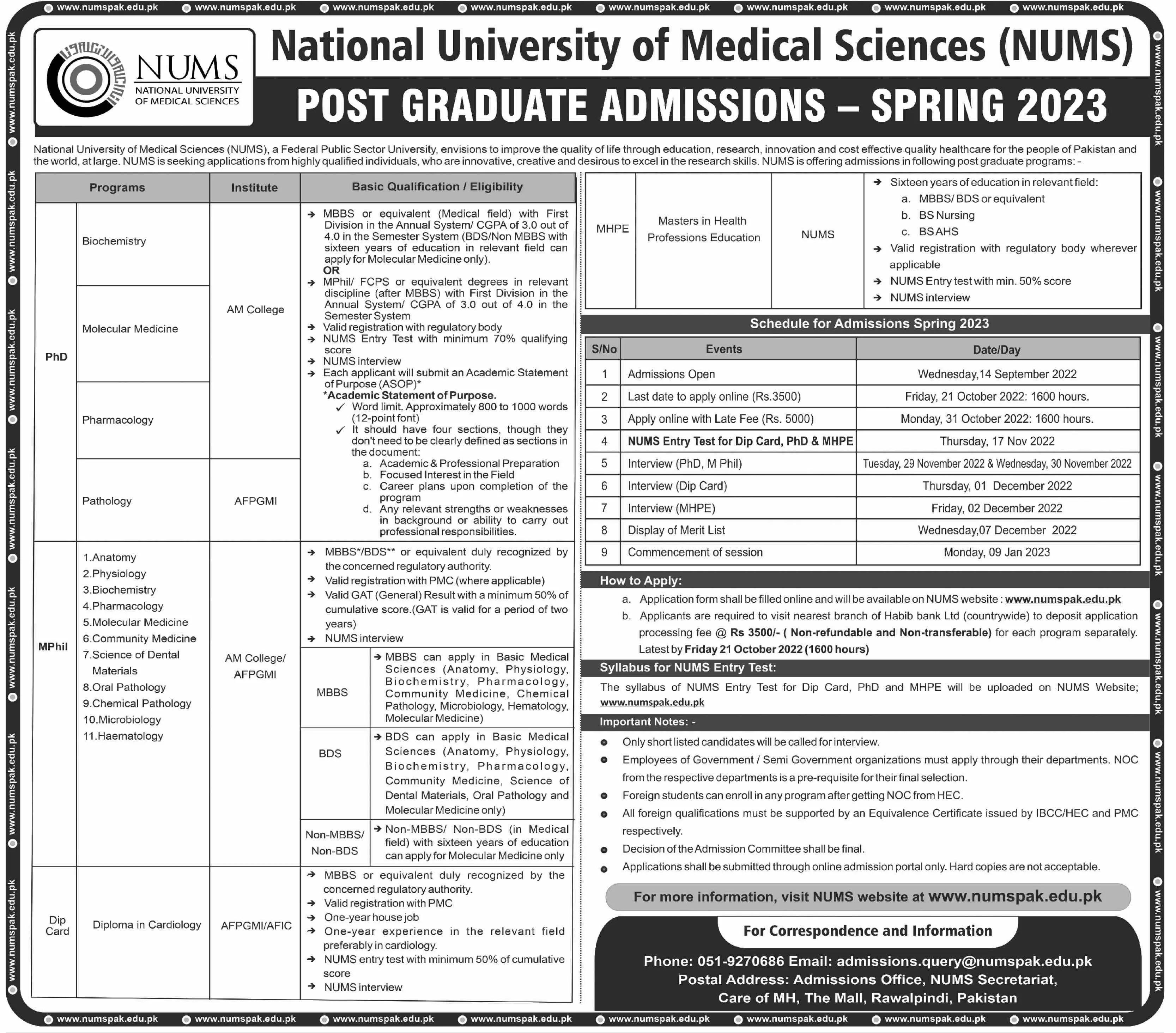 Admission in National University of Medical Sciences ( Nums) – National University of Medical Science NUMS Admissions 2022 — original advertisement