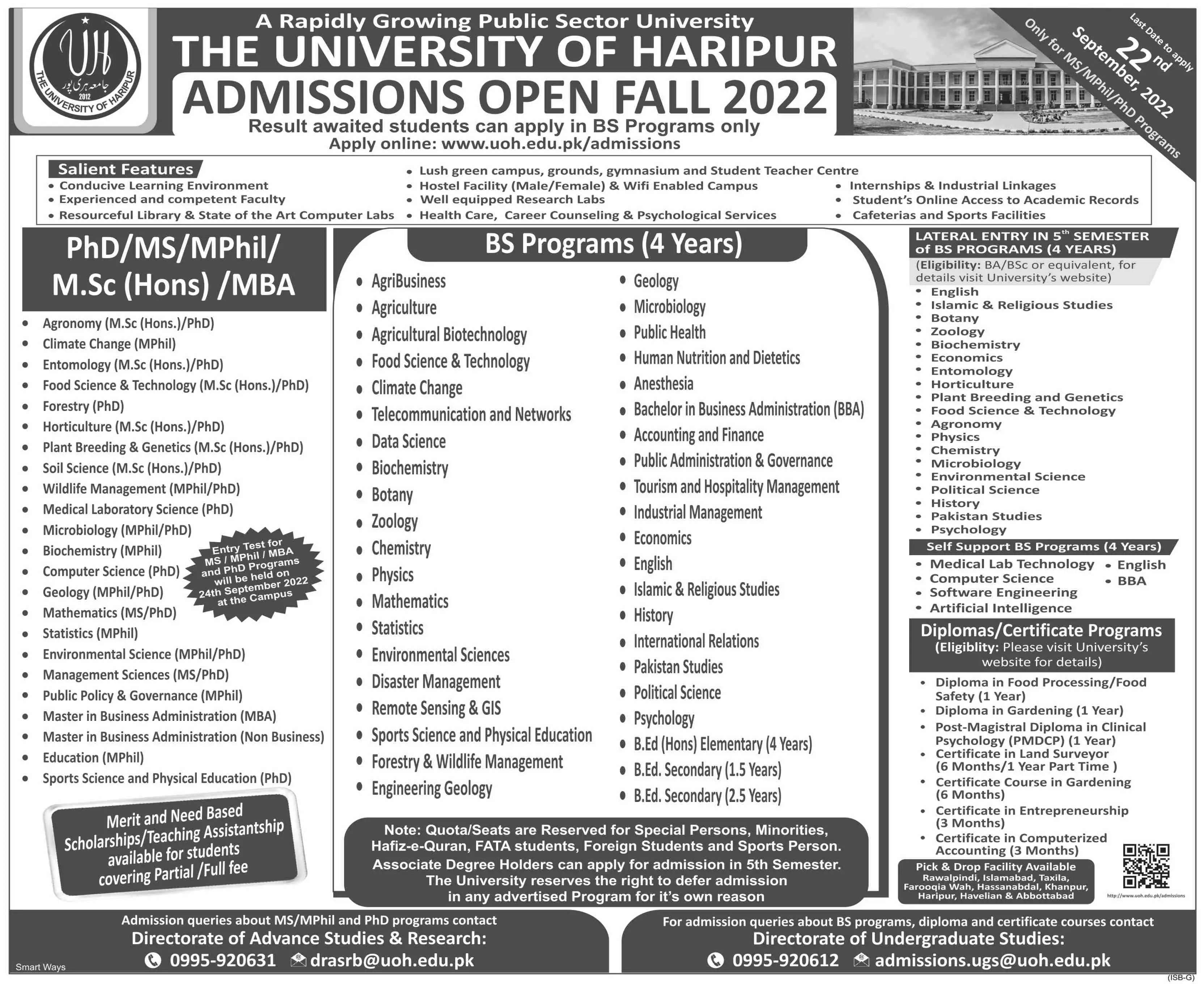 Admission in University of Haripur Admissions 2022 — original advertisement