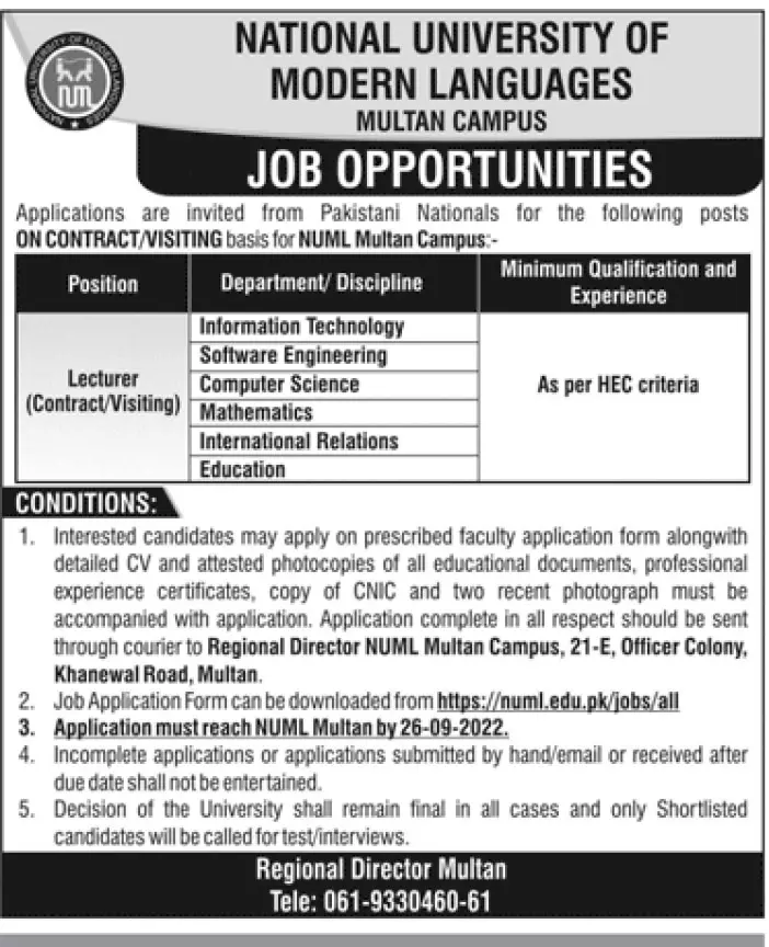 National University of Modern Languages Multan Campus Jobs – National University of Medical Science NUMS Jobs 2022 — original advertisement