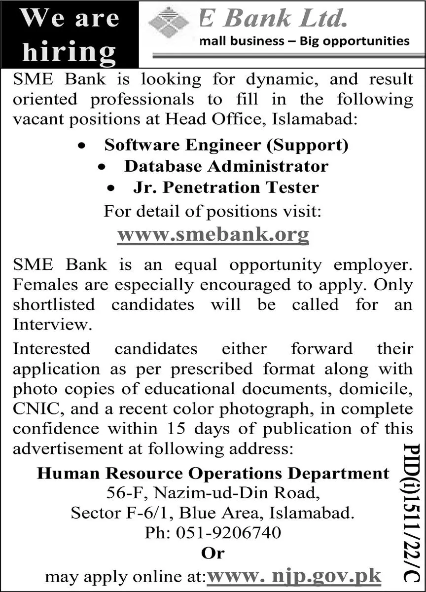 SME Bank Limited Islamabad Pakistan Jobs 2022 Jobs 2022 — original advertisement