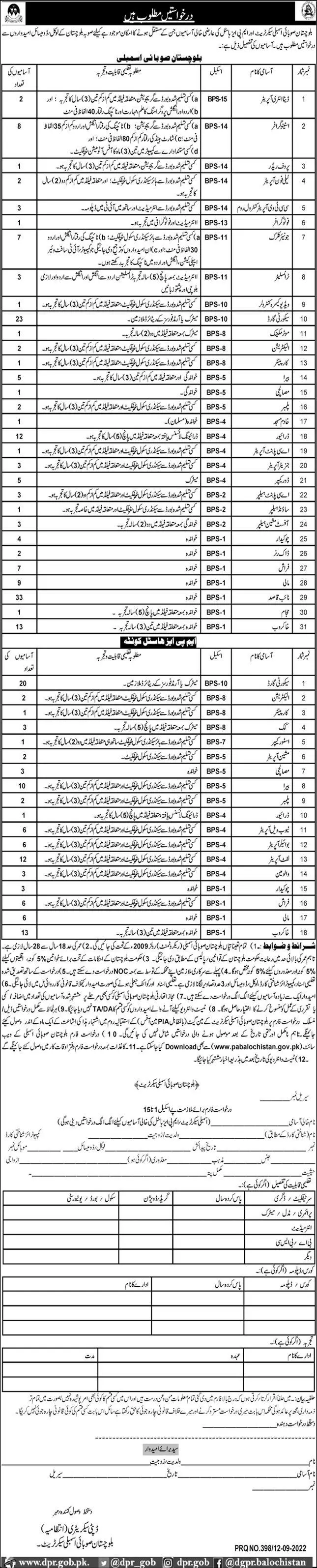 Jobs in Balochistan Provisional Assembly Secretariat 2022 – Balochistan provincial assembly MPA Hostel Jobs 2022 — original advertisement