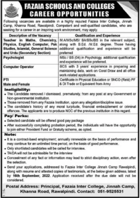 Fazaia School And Colleges Rawalpindi Jobs 2022 – Fazaia Schools & Colleges Jobs 2022 — original advertisement