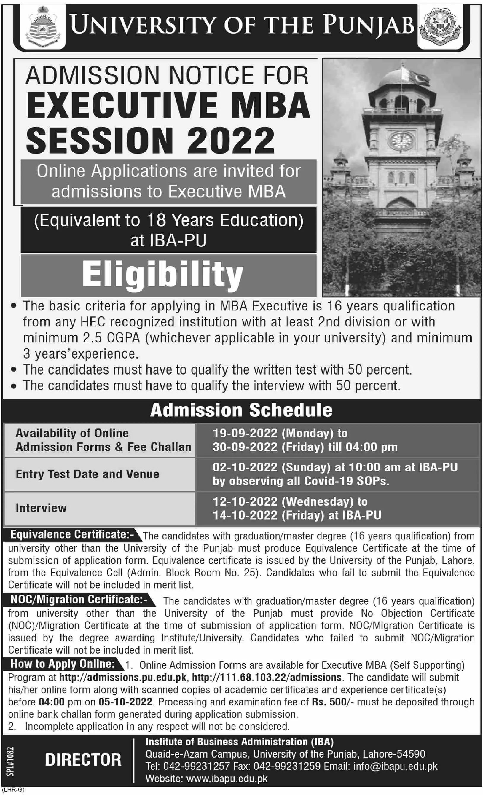 Admission in University of Punjab Admissions 2022 — original advertisement