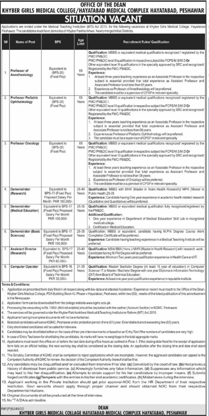 Khyber Girls Medical College KGMC Peshawar Jobs 2022 – Khyber Girls Medical College Peshawar Jobs 2022 — original advertisement