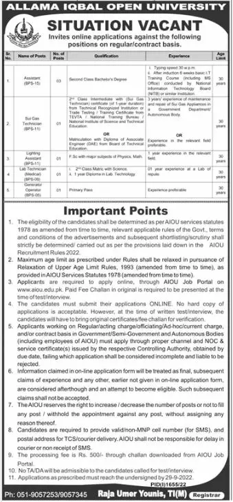Allama Iqbal Open University AIOU Jobs 2022 – Allama Iqbal Open University Islamabad Jobs 2022 — original advertisement