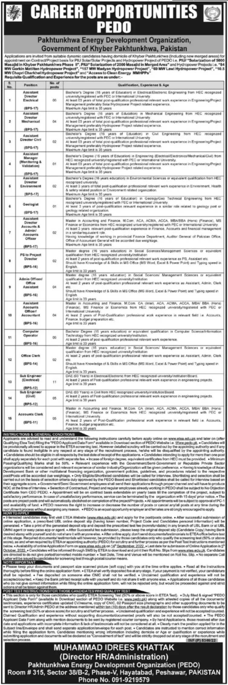 Pakhtunkhwa Energy Department Organization Jobs 2022 – Khyber Pakhtunkhwa Energy Development Organization Jobs 2022 — original advertisement