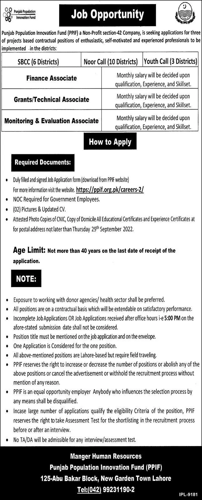 Punjab Population Innovation Fund PPIF Jobs 2022 – Govt of Punjab Jobs 2022 — original advertisement