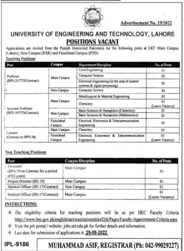 University of Engineering & Technology Lahore Jobs 2022 – University of Engineering  & Technology Lahore Jobs 2022 — original advertisement