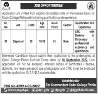 Cadet College Pishin Jobs 2022 Jobs 2022 — original advertisement