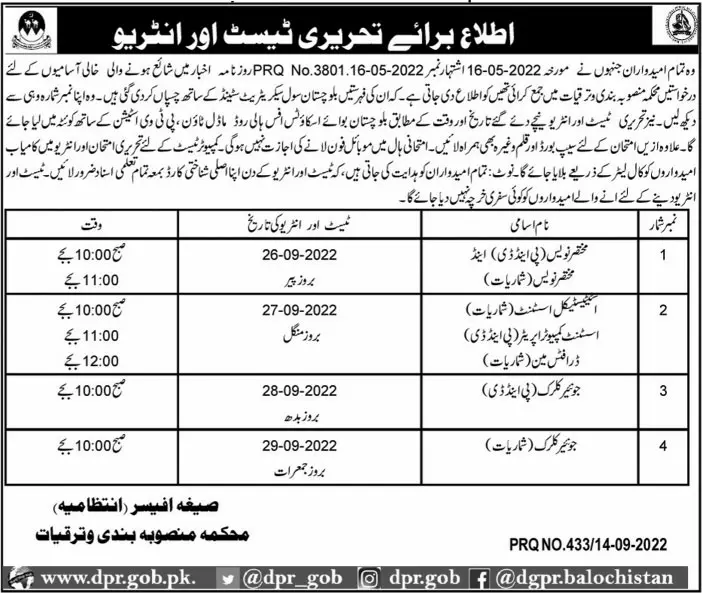 Test interview Planning & Development Department Balochistan – Planning and Development Department Balochistan Jobs 2022 — original advertisement