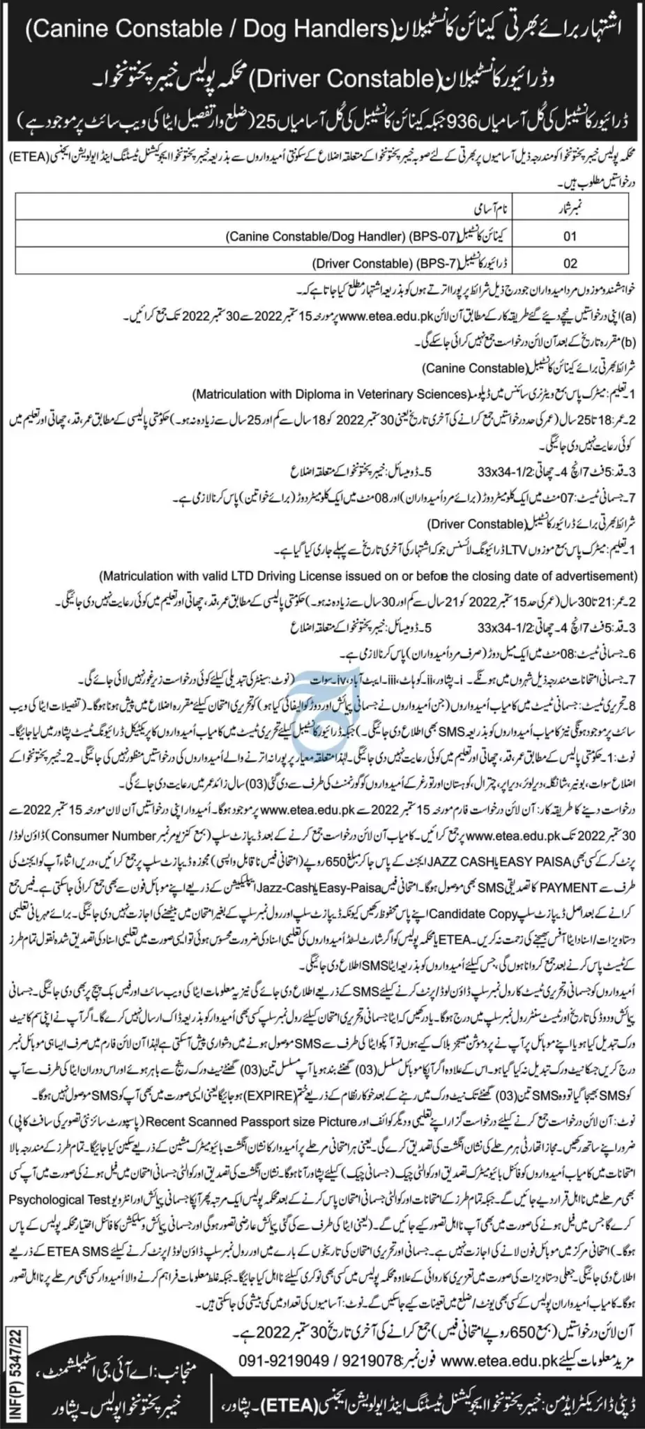 Khyber Pakhtunkhwa Police Department Jobs 2022 – Police Department KPK Jobs 2022 — original advertisement
