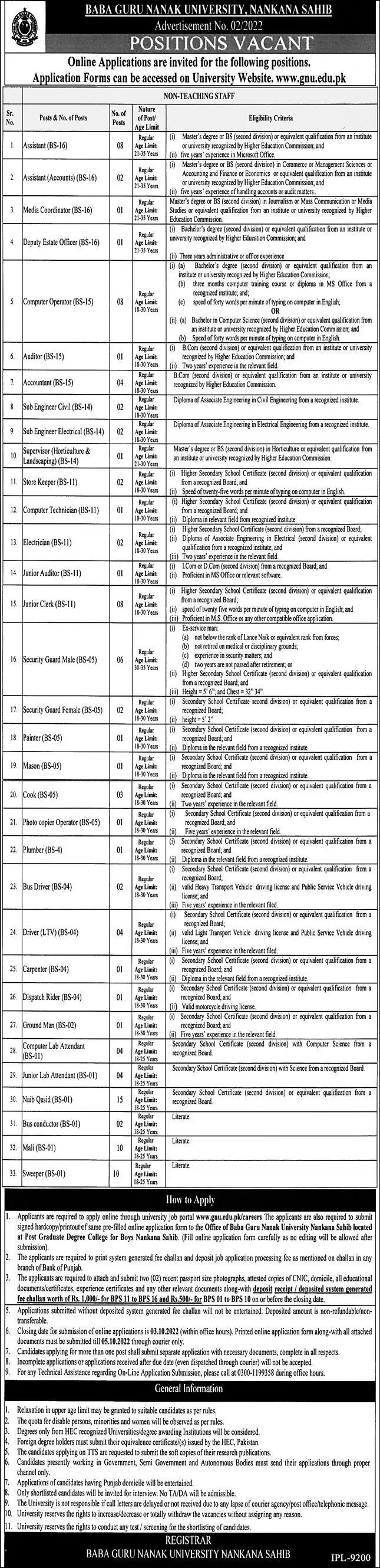 Baba Guru Nanak University Nankana Sahib Jobs Jobs 2022 — original advertisement