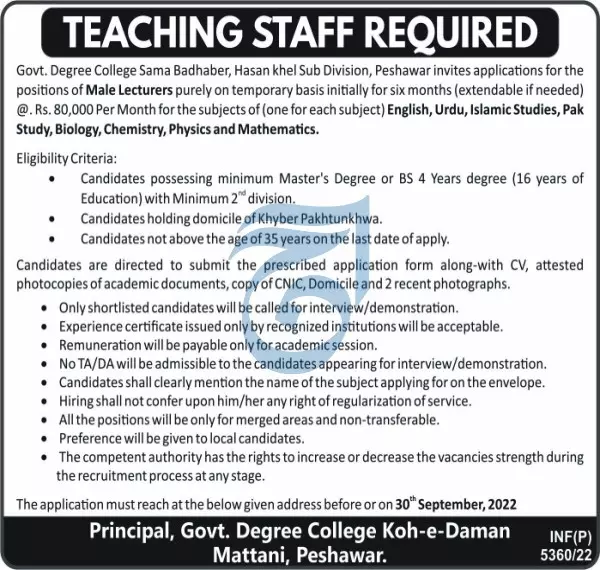 Govt Degree College Koh-e-daman Mattani Peshawar Jobs 2022 – Higher Education Department KPK Jobs 2022 — original advertisement