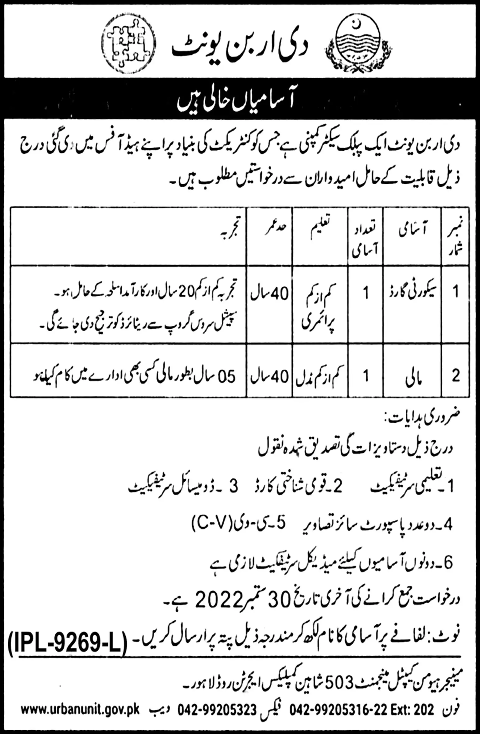 Urban Unit Public Sector Company Jobs 2022 – The Urban Unit Punjab Jobs 2022 — original advertisement