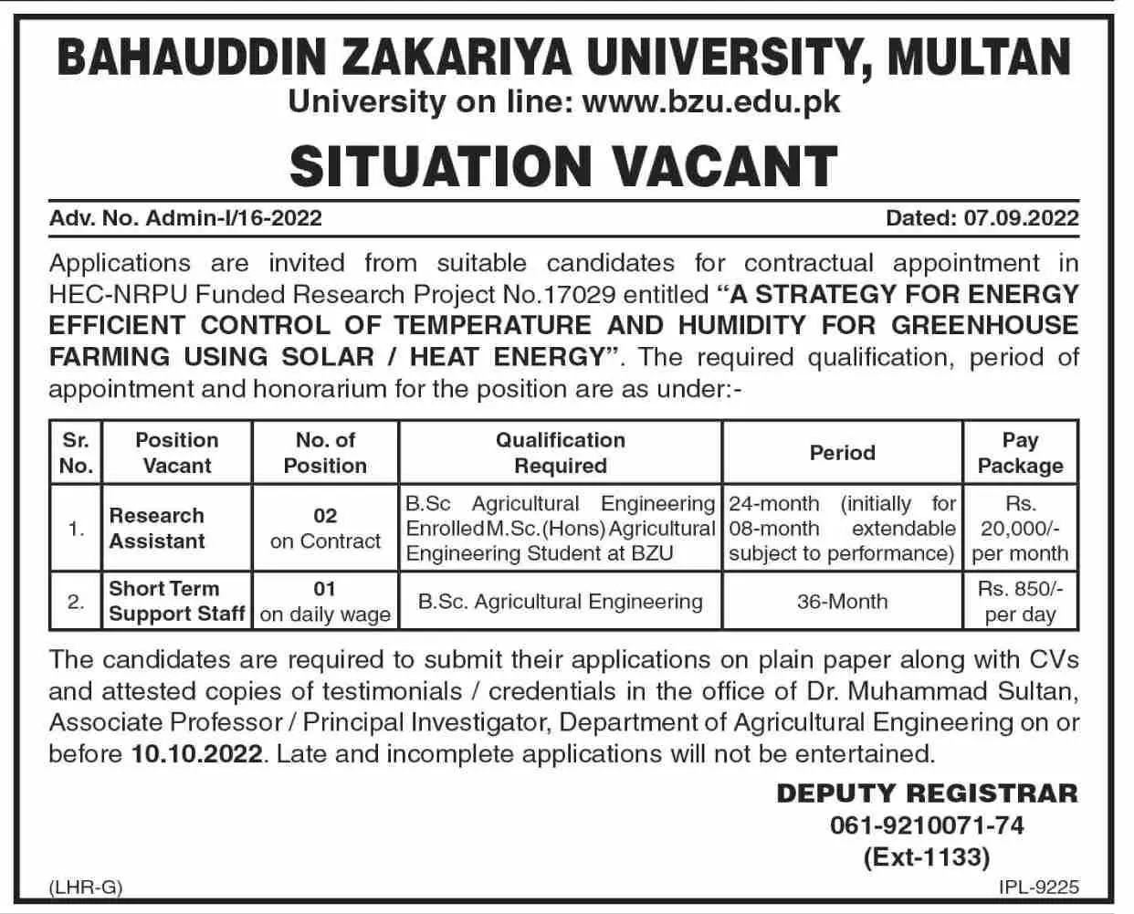 Bahauddin Zakariya University BZU Multan Jobs 2022 – Bahauddin Zakariya University Multan Jobs 2022 — original advertisement
