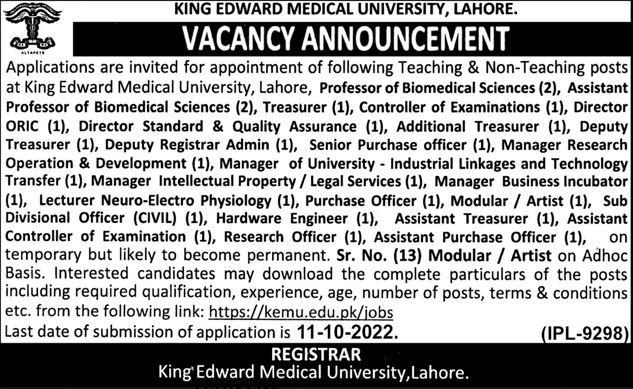 King Edward Medical University Lahore Jobs 2022 Jobs 2022 — original advertisement