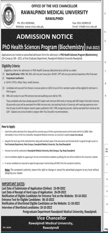 Admission in Rawalpindi Medical University Rawalpindi – Rawalpindi Medical University Punajb Admissions 2022 — original advertisement