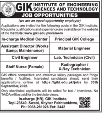 Ghulam Ishaq Khan Institute of Engineering Sciences Jobs – Ghulam Ishaq Khan GIK Institute of Engineering Sciences and Technology Swabi Jobs 2022 — original advertisement