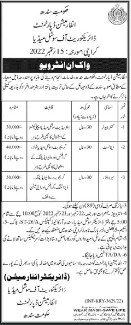 Information Department Sindh Jobs 2022 – Govt of Sindh Jobs 2022 — original advertisement