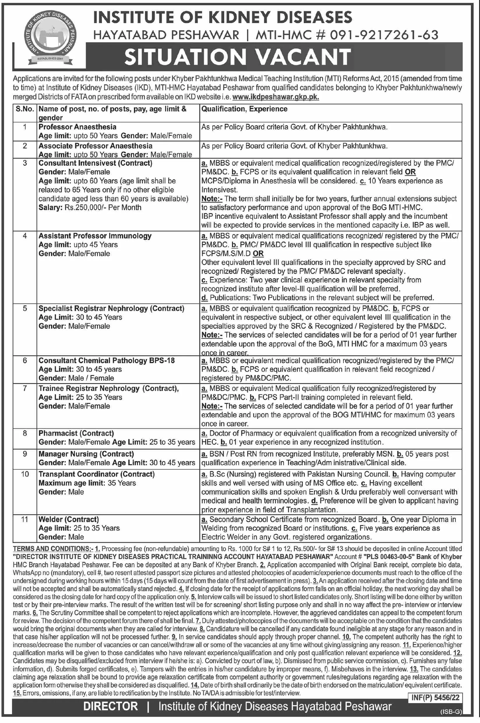 Institute of Kidney Diseases Hayatabad Peshawar Jobs 2022 – Institute of Kidney Diseases Peshawar Jobs 2022 — original advertisement