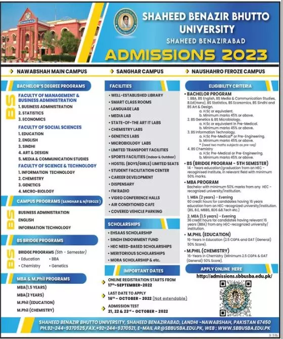 Shaheed Benazir Bhutto University Admission 2022 – Shaheed Benazir Bhutto University Shaheed Benazirabad Admissions 2022 — original advertisement