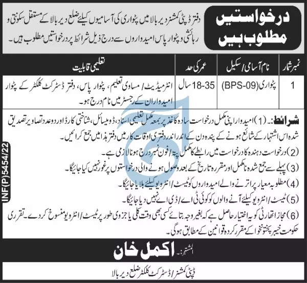 Deputy Commissioner Dir Upper Jobs 2022 Jobs 2022 — original advertisement