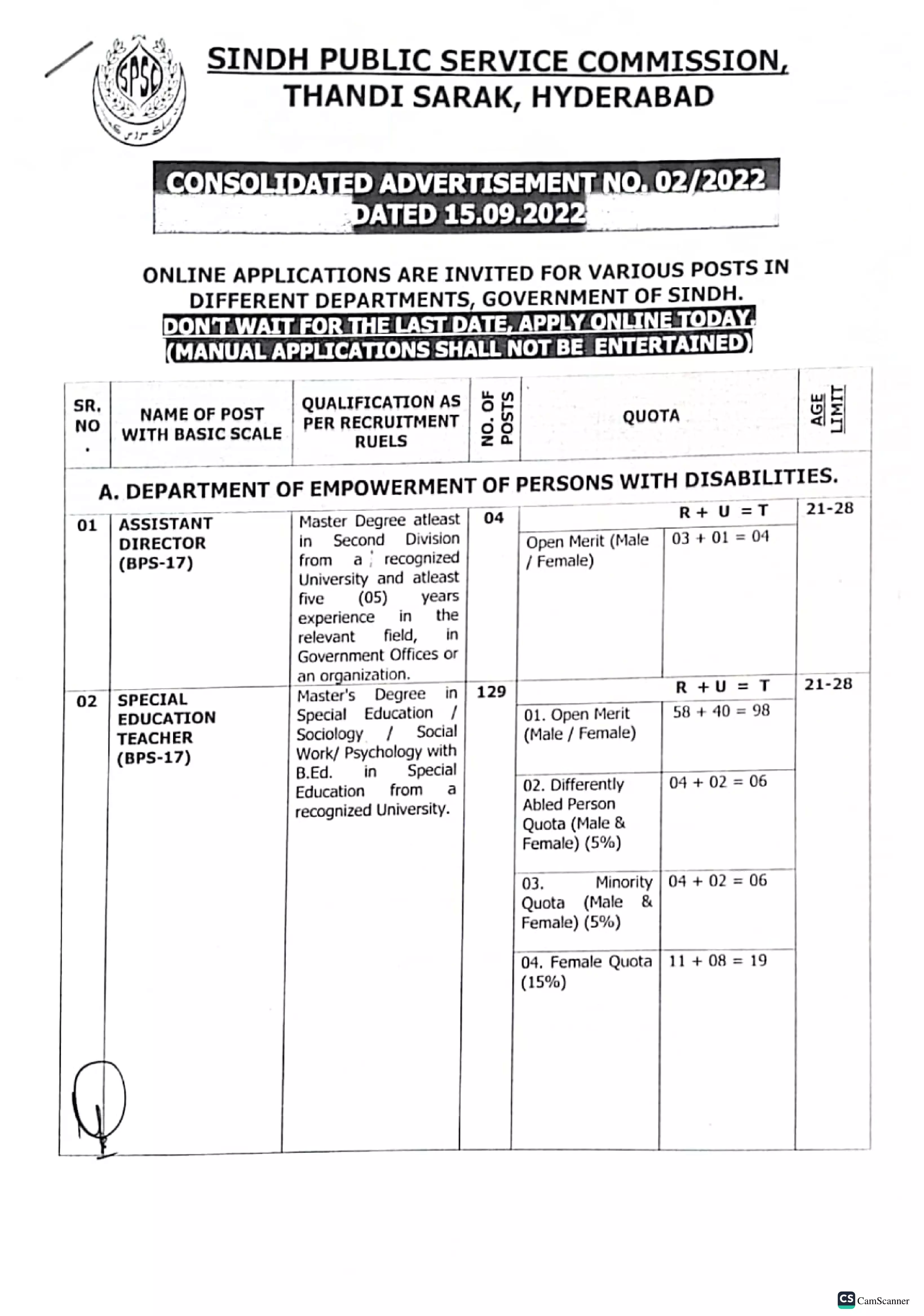 Jobs in Sindh Public Service Commission 02/2022 – Sindh Public Service Commission at Karachi Jobs 2022 — original advertisement