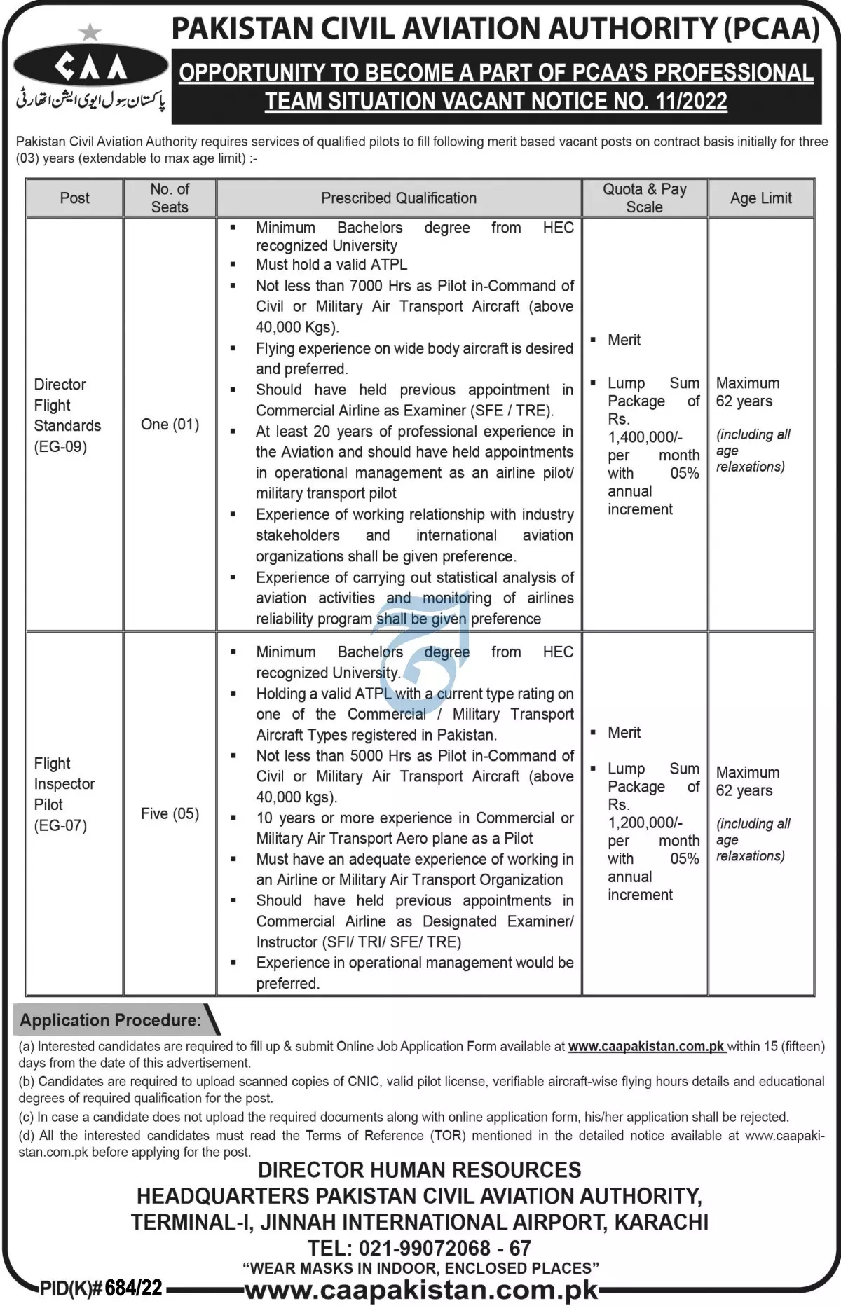 Pakistan Civil Aviation Authority ( PCCA) Jobs 2022 – Pakistan Civil Aviation Authority (CAA) Jobs 2022 — original advertisement