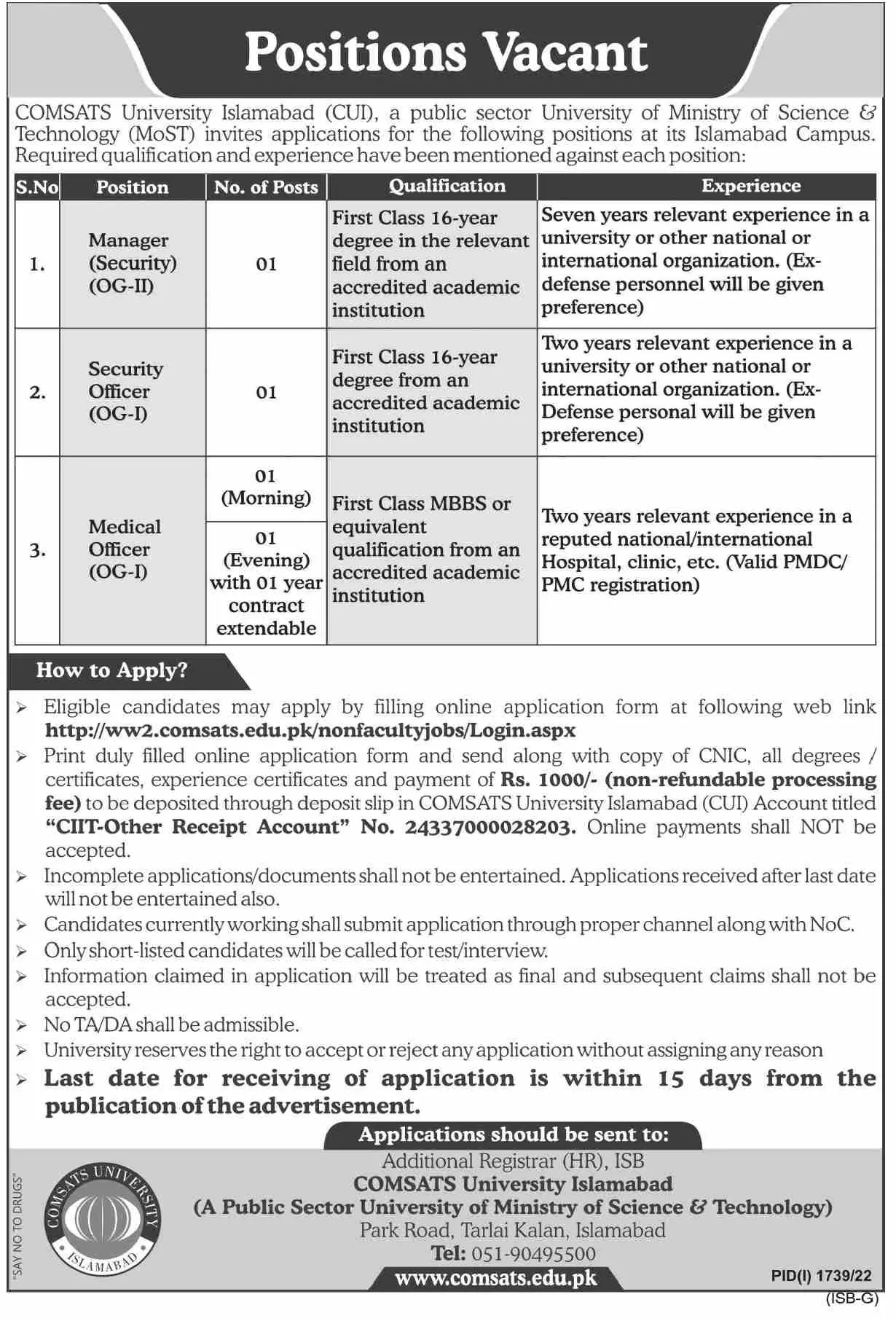 COMSATS University( CUI) Islamabad Jobs 2022 – COMSATS University Islamabad Jobs 2022 — original advertisement