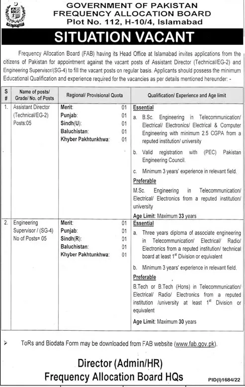 Frequency Allocation Board Islamabad Jobs 2022 Jobs 2022 — original advertisement