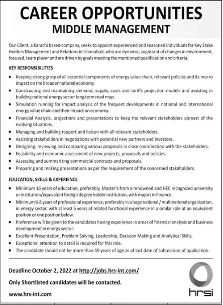 Karachi Based Company Jobs 2022 – Private Company Jobs 2022 — original advertisement