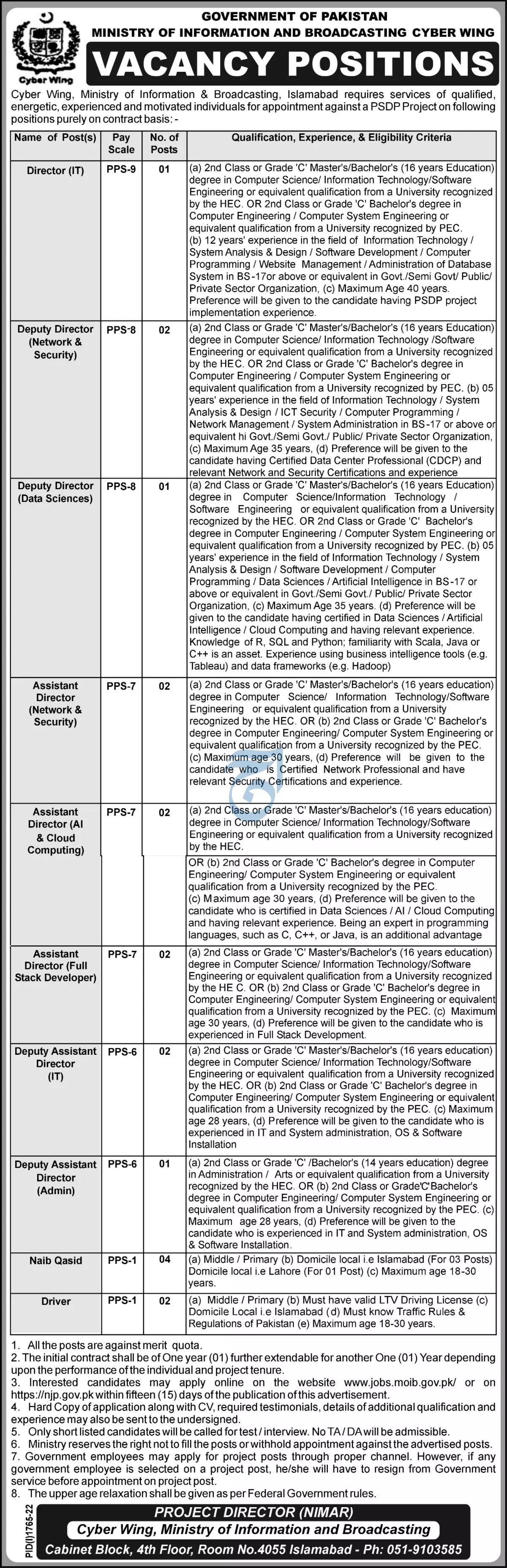 Ministry of Information &  Broadcasting Cyber Wing Jobs 2022 – Ministry of Information & Broadcasting Pakistan Jobs 2022 — original advertisement