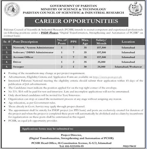 Jobs in Ministry of Science & Technology Islamabad 2022 Jobs 2022 — original advertisement