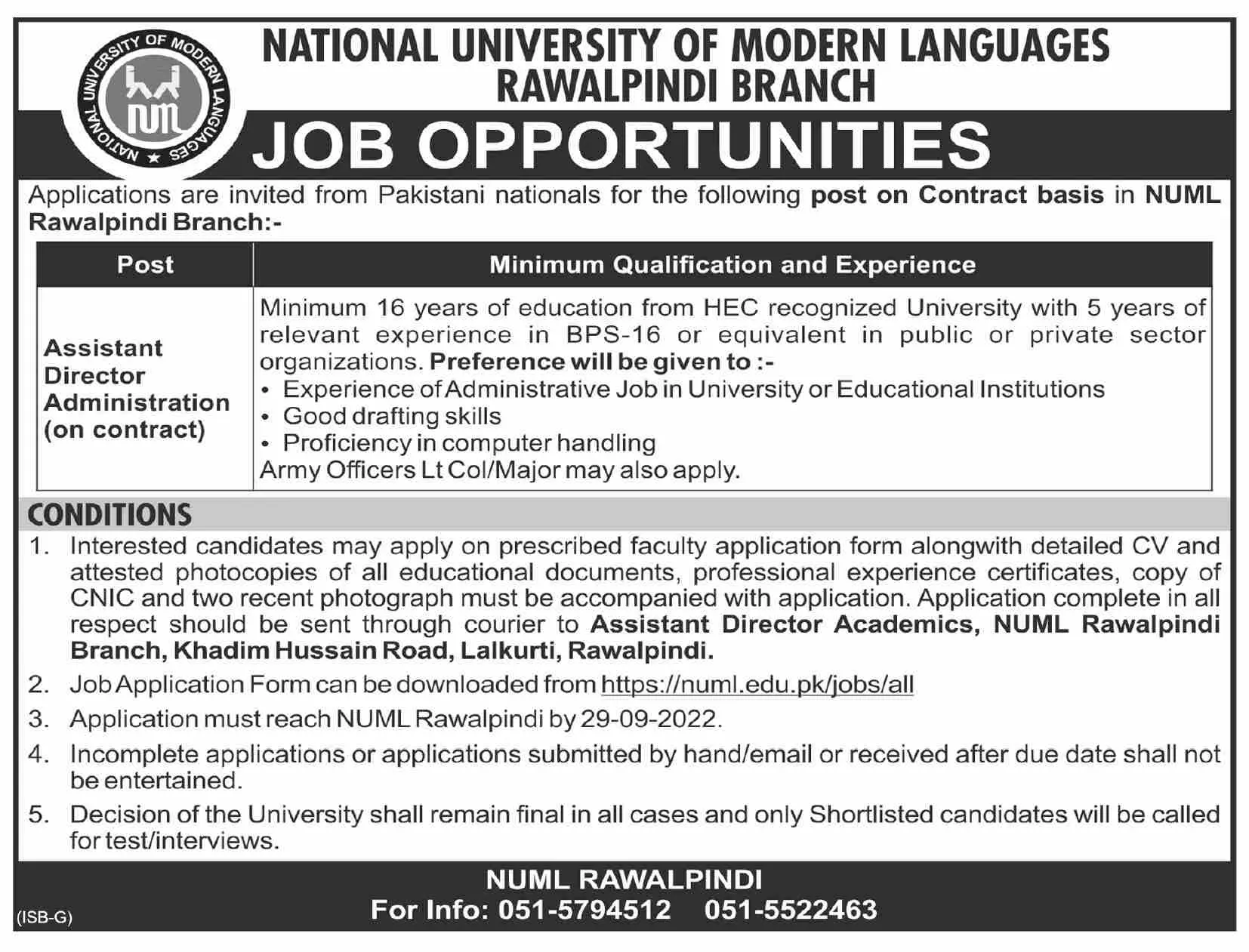 National University of Modern Languages Rawalpindi Jobs 2022 – National University of Modern Languages Islamabad Jobs 2022 — original advertisement