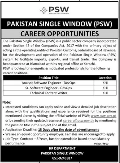 Pakistan Single Window ( Psw) Jobs 2022 – Pakistan Single Window PSW Jobs 2022 — original advertisement
