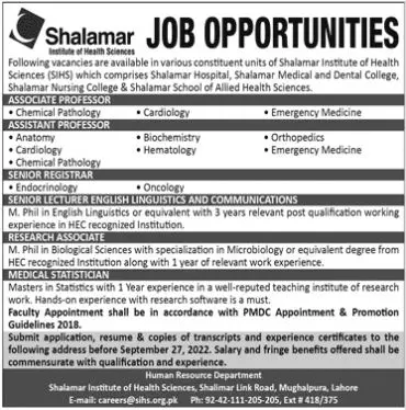 Shalamar institute of health sciences Jobs 2022 Jobs 2022 — original advertisement
