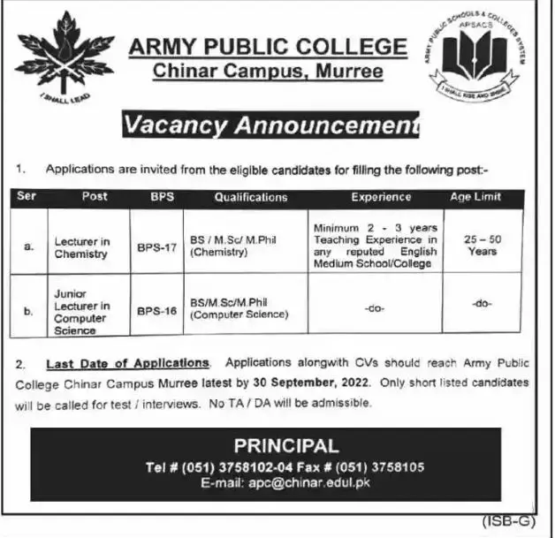 Army public School Chinar Campus Murree ( Aps) Jobs 2022 – Army Public School & College Paksitan Jobs 2022 — original advertisement