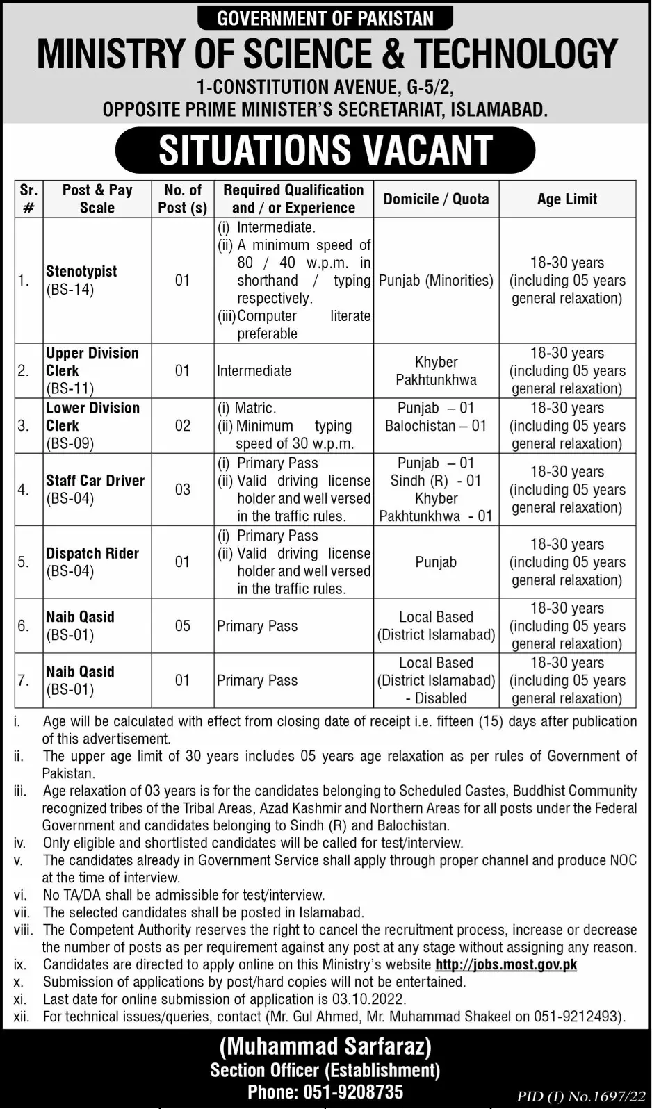 Ministry of Science and Technology Islamabad Jobs 2022 – Ministry of Science & Technology Islamabad Jobs 2022 — original advertisement