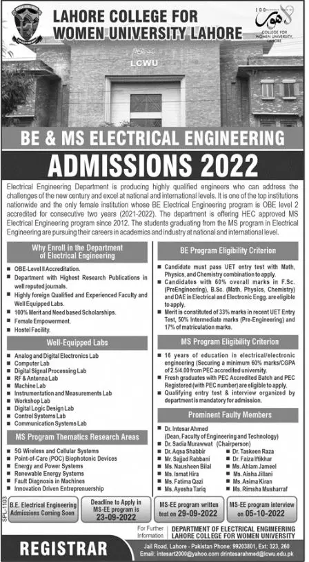 Admission in Lahore college Women University Lahore – Lahore College for Women University Lahore Admissions 2022 — original advertisement