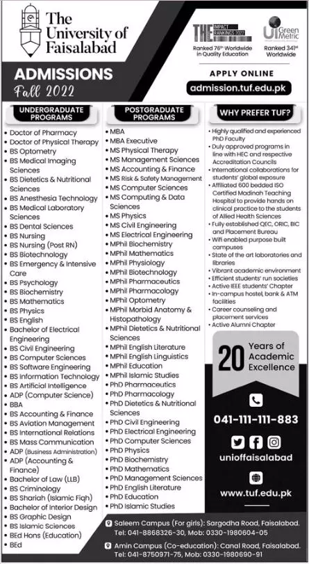 Admission in University of Faisalabad Admissions 2022 — original advertisement