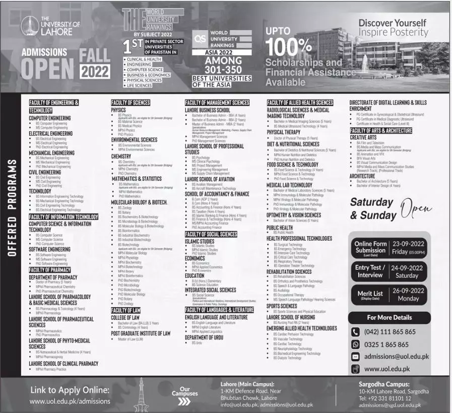 Admission in University of Lahore Punjab Admissions 2022 — original advertisement